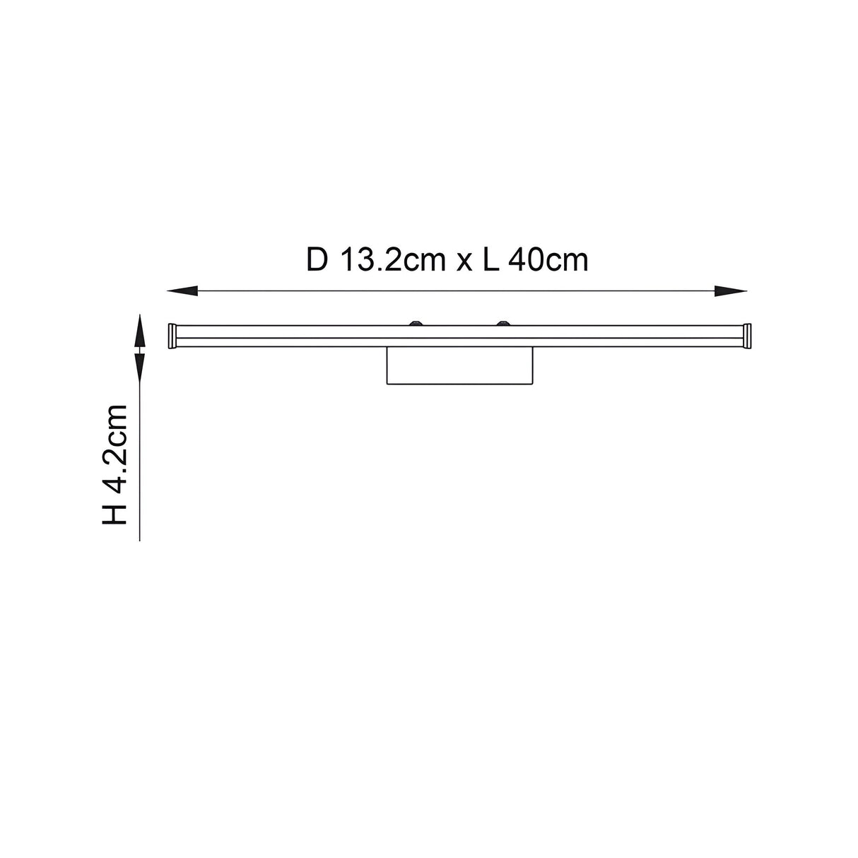 Line drawing of the Carlshaw LED bathroom wall light, D 13.2cm x L 40cm x H 4.2cm, a slim chrome bar-shaped fixture on a mounting bracket.