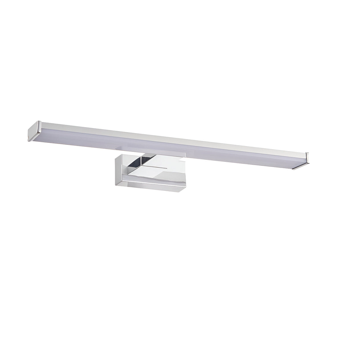 Endon Aldshaw LED bathroom wall light in chrome with a slim frosted diffuser bar and square wall bracket, shown on a plain white background.