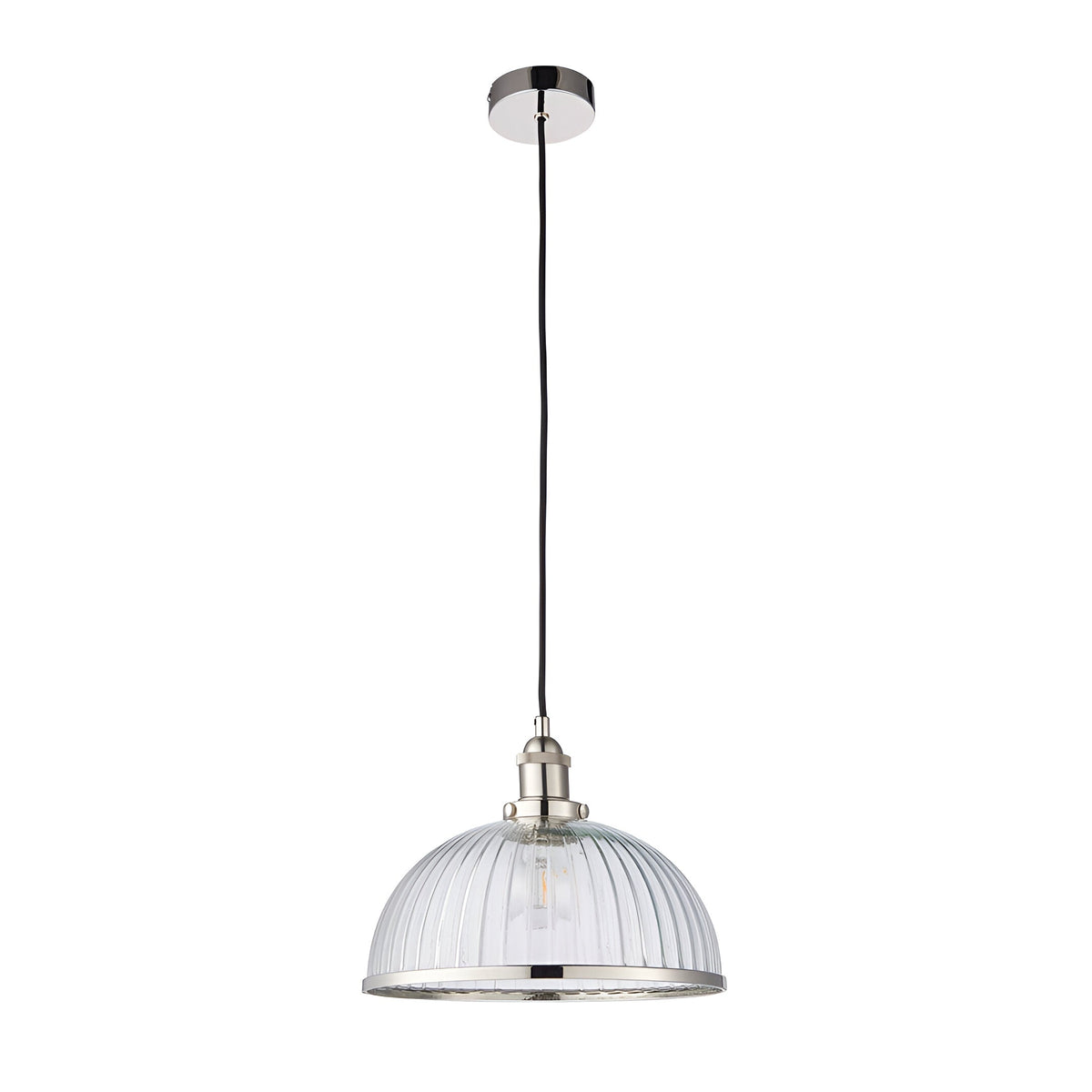 Wentworth Pendant Light in nickel with a ribbed clear glass dome shade, metal rim, and black cord on a round ceiling plate against a white background.