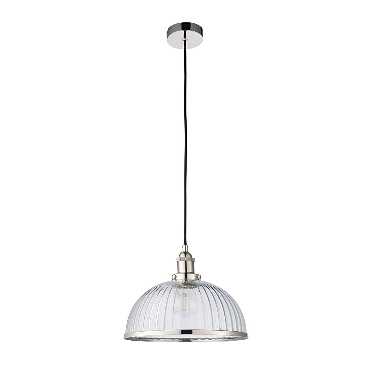 Wentworth Pendant Light in nickel with a ribbed clear glass dome shade, metal rim and ceiling rose, on a black cord against a white background.