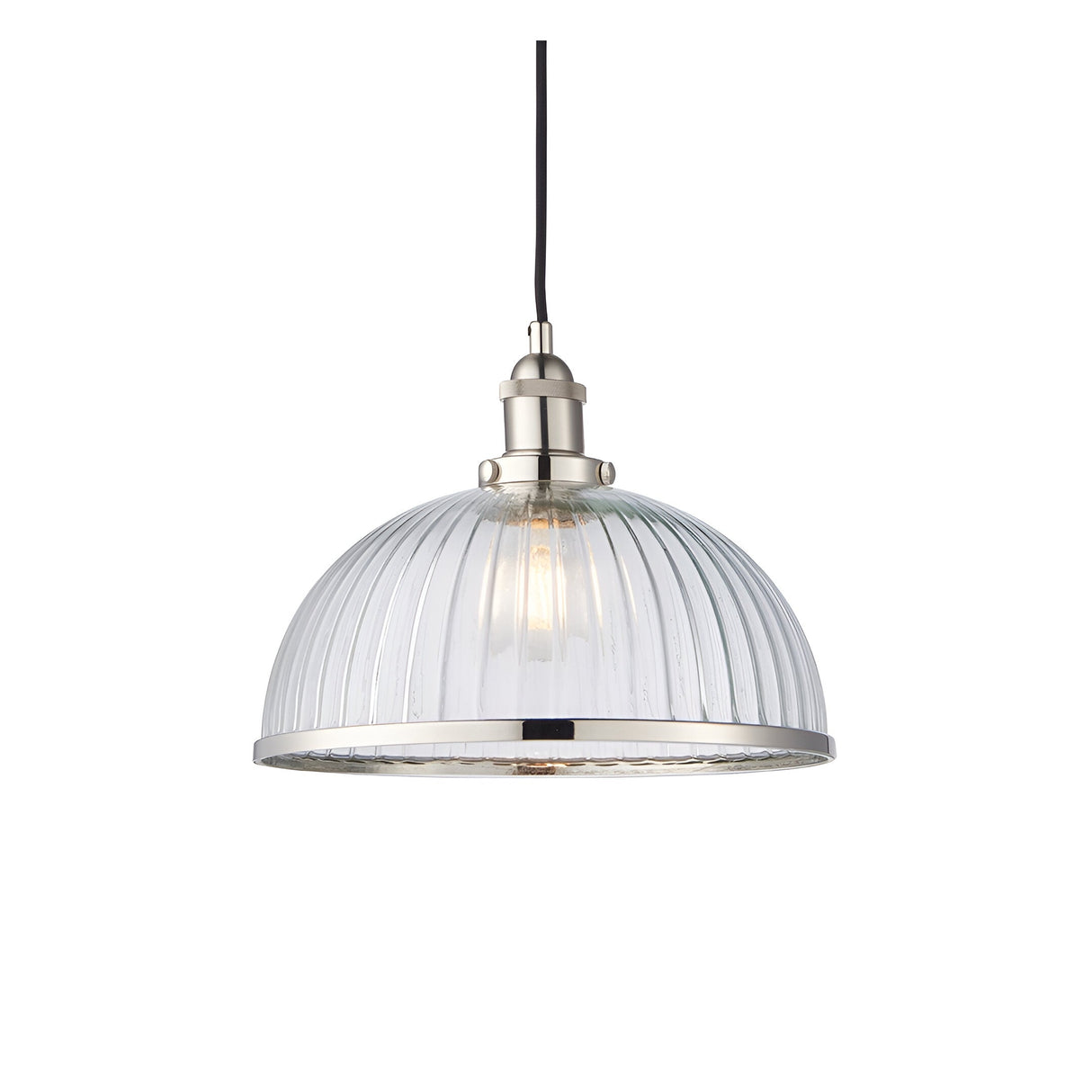Wentworth Pendant Light in nickel with a ribbed clear glass dome shade, metal rim, and black flex cord on a plain white background.