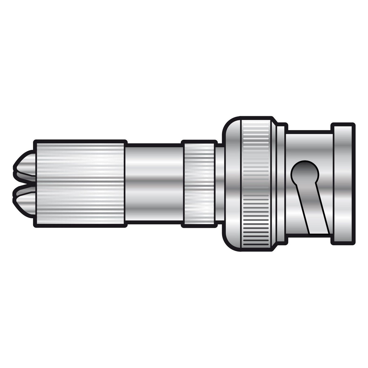 Illustration of the AV:Link High Quality BNC Plug. This product includes a nickel-plated design with a ridged section near the tip, a grooved middle area, and an end resembling a screw with a keyhole shape meant for secure locking—ideal for CCTV installers. Its detailed and technical features reflect its high-quality gold contact and compatibility with 6.5mm ø cables.