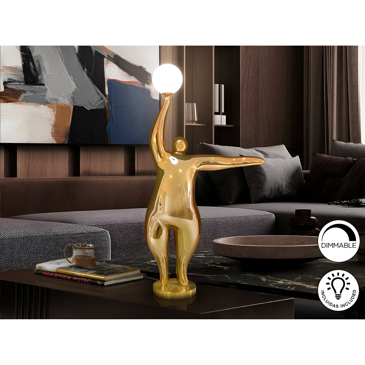 El Globo Gold Sculpture With LED Opal Sphere Light - 81cm