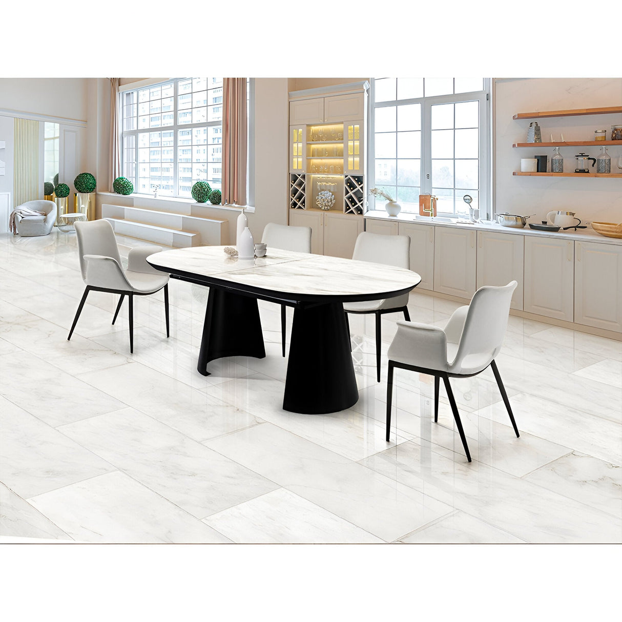 Capri 12–14 Seater Wood & Metal Extendable Dining Table – White Marble