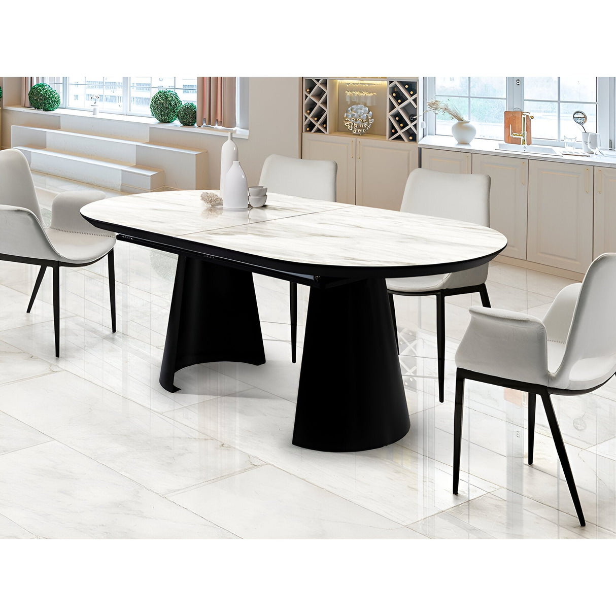 Capri 12–14 Seater Wood & Metal Extendable Dining Table – White Marble