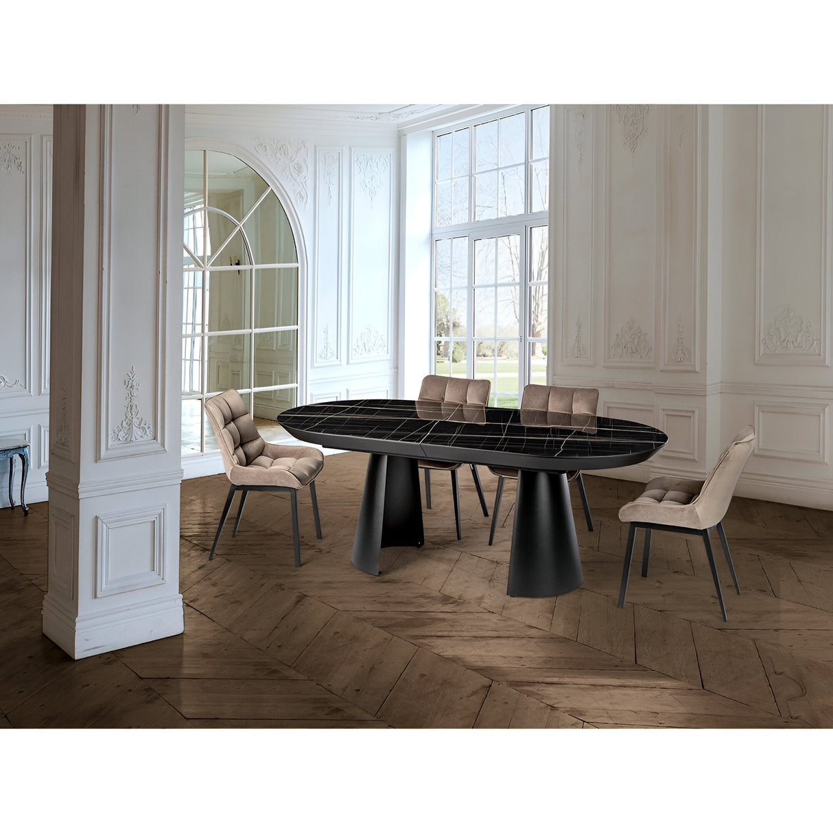 Capri 12–14 Seater Wood & Metal Extendable Dining Table – Black Marble