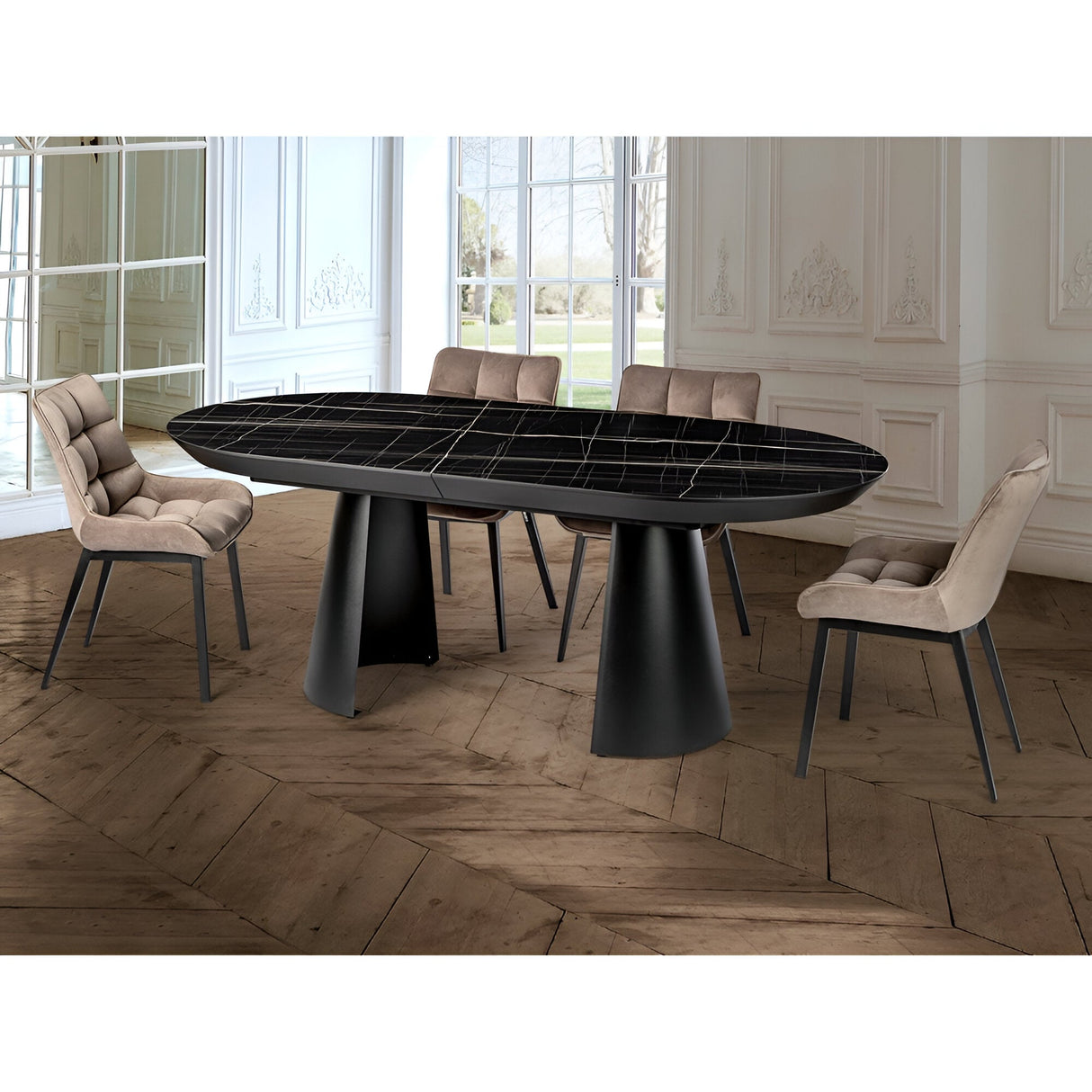 Capri 12–14 Seater Wood & Metal Extendable Dining Table – Black Marble