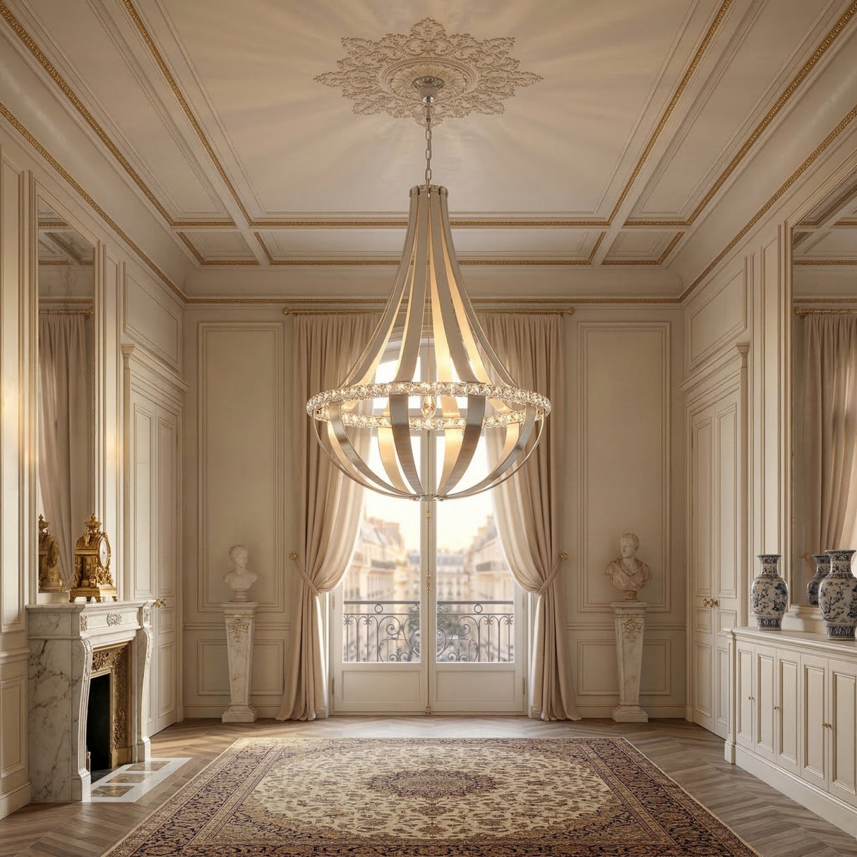 Elegant, sunlit room with ornate molding, marble fireplace, antique busts and vases. A Tessaro LED K9 Crystal & Leather Small Chandelier in grey hangs overhead. Tall windows with sheer curtains open to a balcony and classic architecture outside.