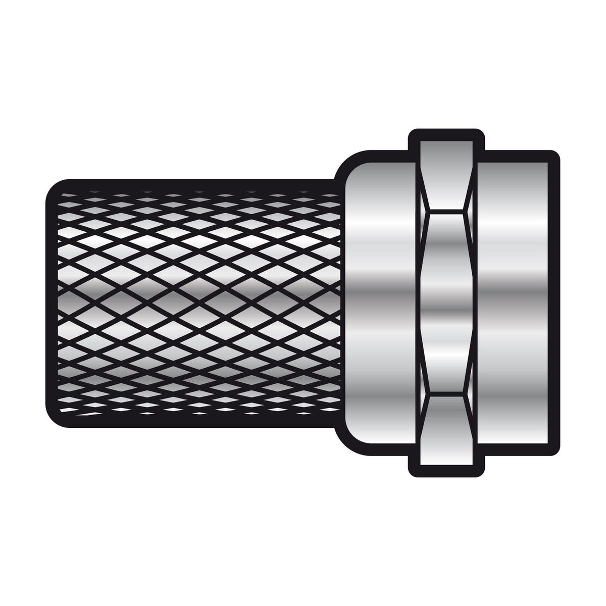AV:Link F-type twist-on connector for 5mm RG58 coaxial cable, nickel-plated metal body with knurled grip and hexagonal threaded collar, on white.