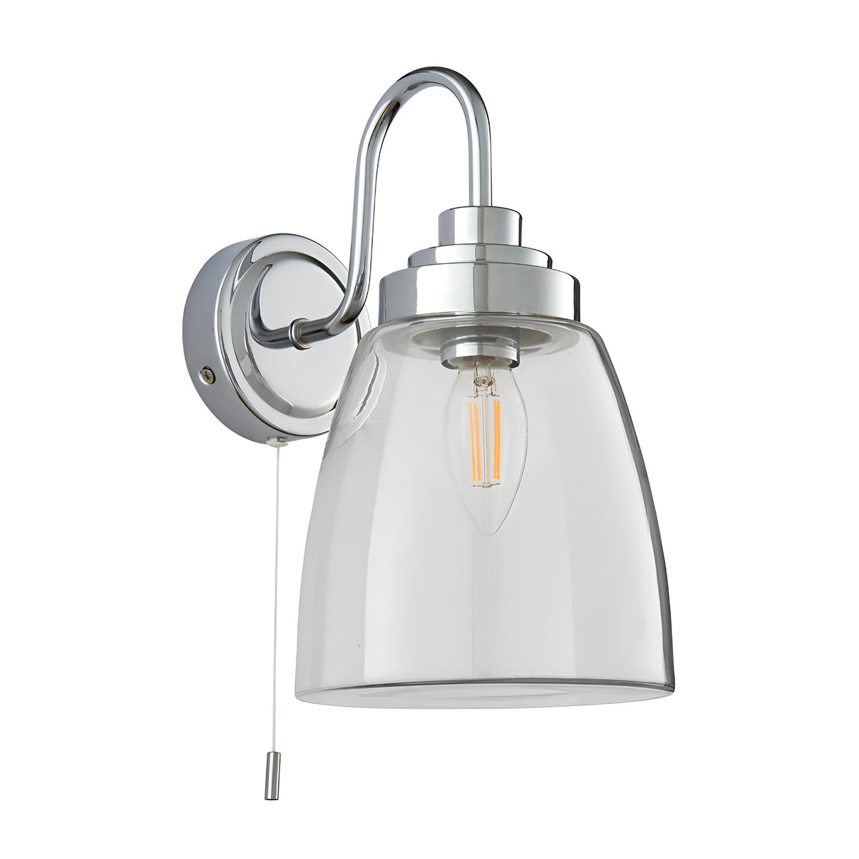 Endon Aldhurst chrome bathroom wall light with curved arm, clear glass bell shade, E14 filament bulb and pull cord switch on a plain background.