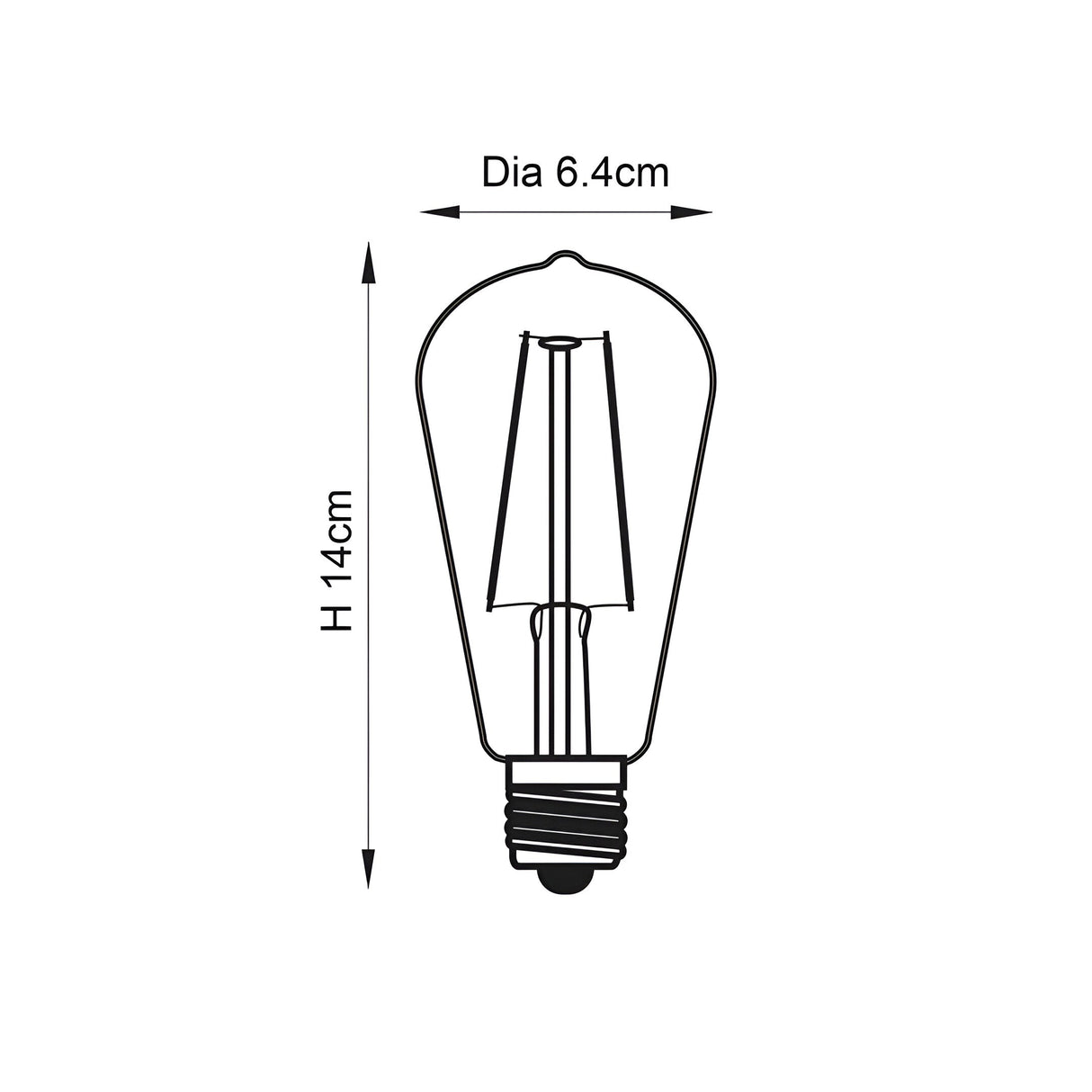 Endon 2W E27 LED filament pear bulb technical line drawing showing 14cm height and 6.4cm diameter dimensions on a plain white background.