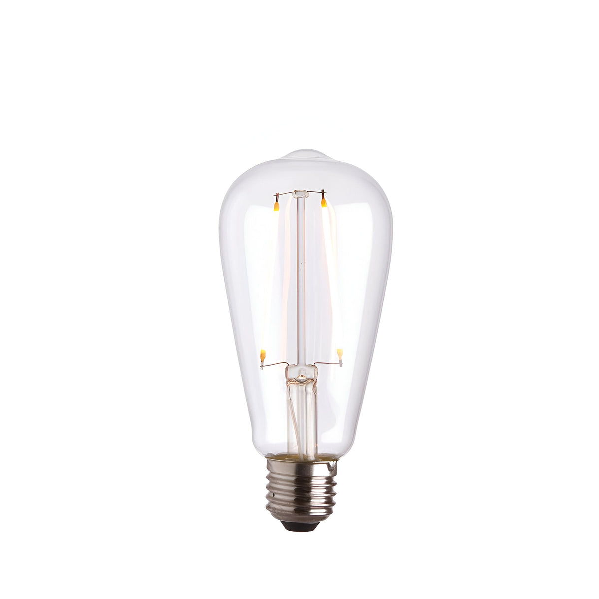 Endon 2W E27 LED filament pear bulb with clear glass, visible warm white filament, and metal screw cap, shown on a plain white background.