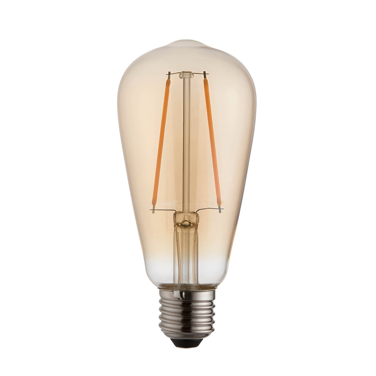 Endon 2W E27 LED filament pear bulb with amber tinted glass and visible filaments above a metal screw cap, shown on a plain white background.