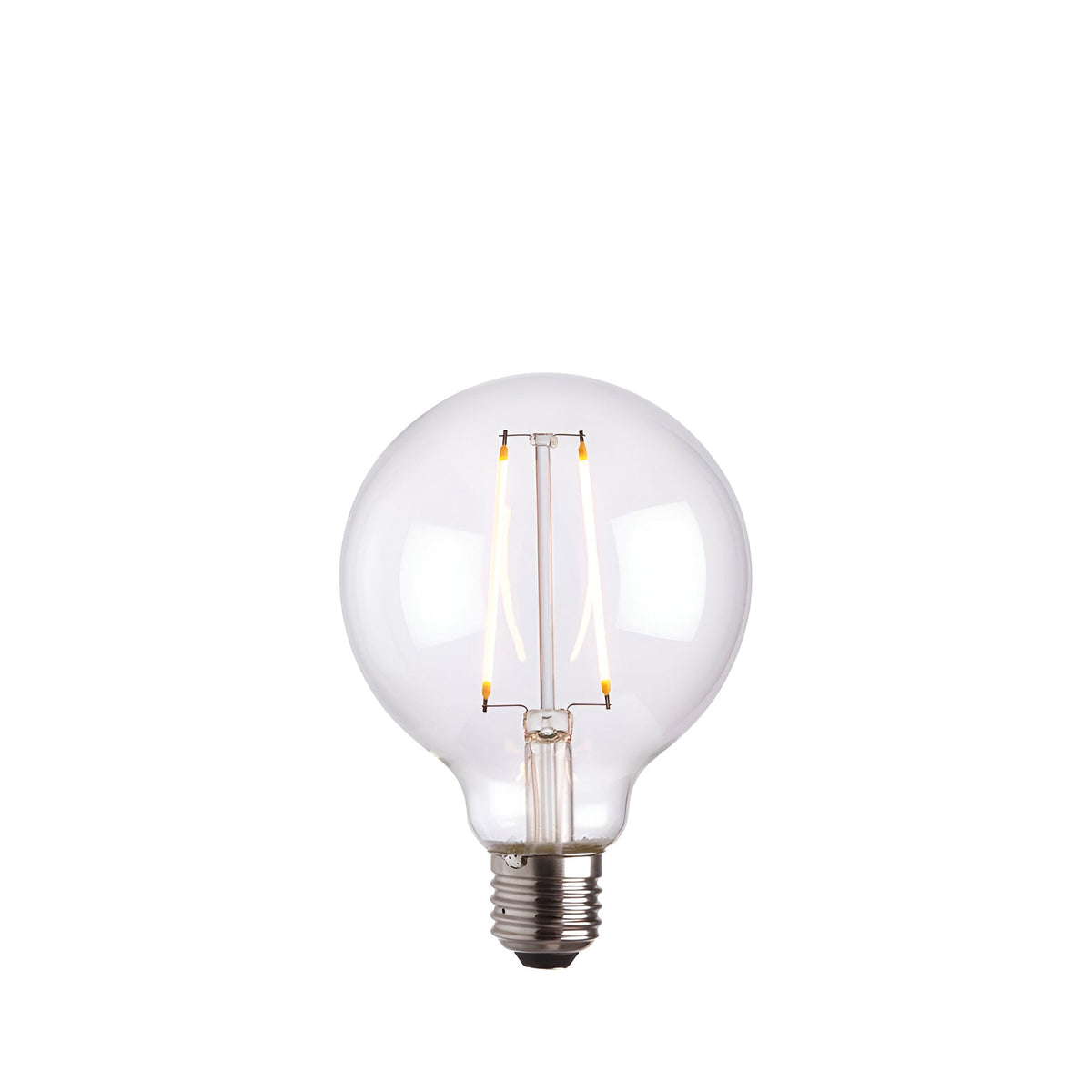 2W E27 LED filament globe bulb with clear glass, visible warm white filaments, and a nickel-toned screw cap, shown on a plain white background.