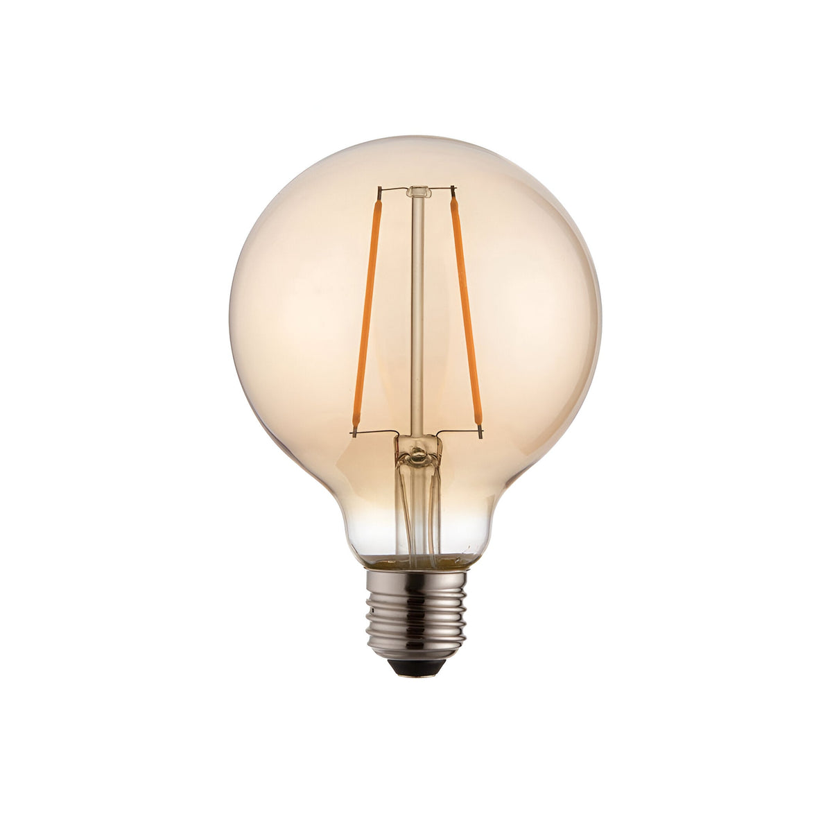 2W E27 LED filament globe bulb with amber tinted glass and visible orange filaments, warm white non-dimmable light, on a plain white background.