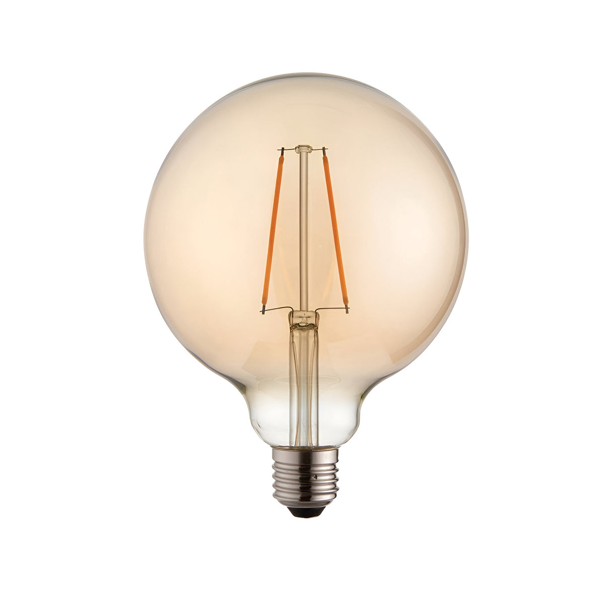 Endon 2W E27 LED filament 125mm globe bulb with amber tinted glass and slim warm white filament above a metal screw cap, on a white background.