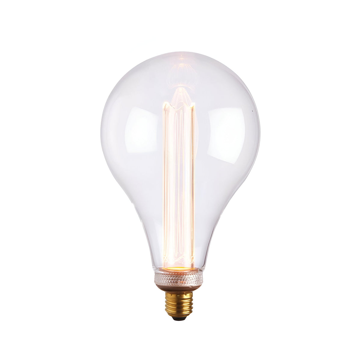 Oversized clear glass LED globe bulb with visible filament-style light source and E27 brass fitting, shown on a plain white background.