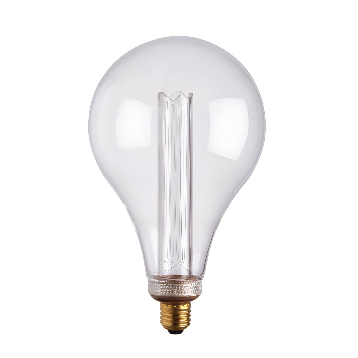 Oversized clear glass globe LED bulb with ribbed acrylic sleeve and brass E27 screw fitting, shown on a plain white background.