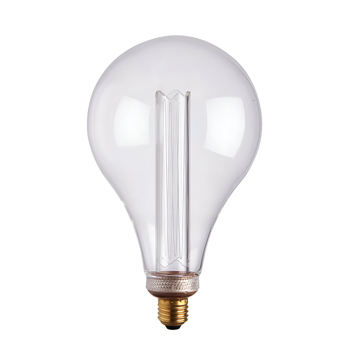 Oversized clear glass E27 LED globe bulb with visible etched acrylic filament sleeve and brass-coloured screw cap, shown on a white background.