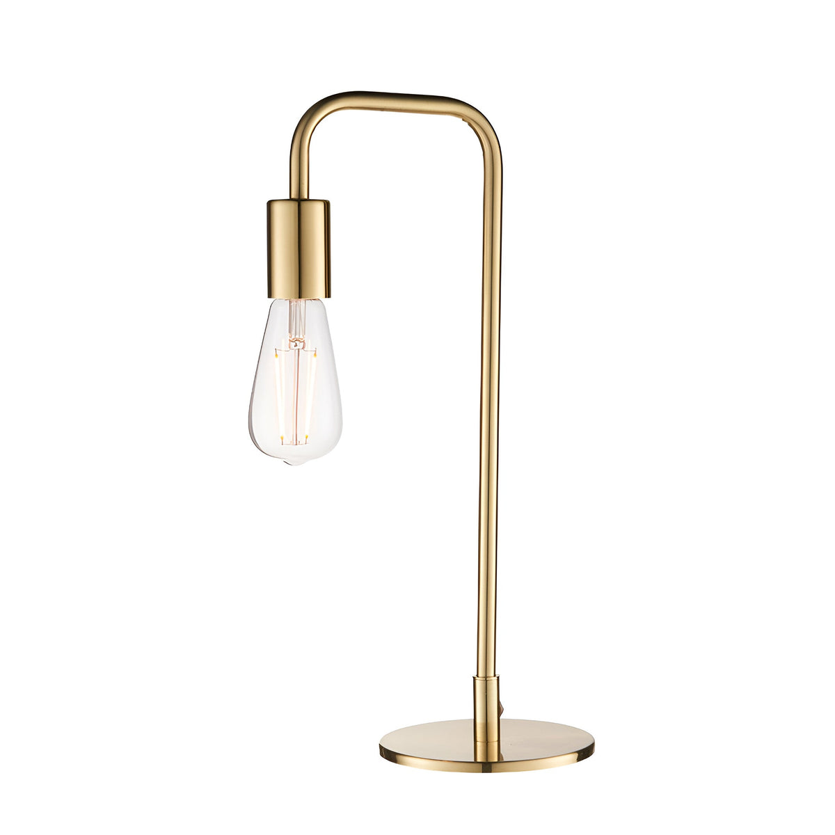 Endon Cliffgrove table lamp in brushed brass with a slim angled arm, round base, toggle switch and exposed E27 filament bulb, on a white background.
