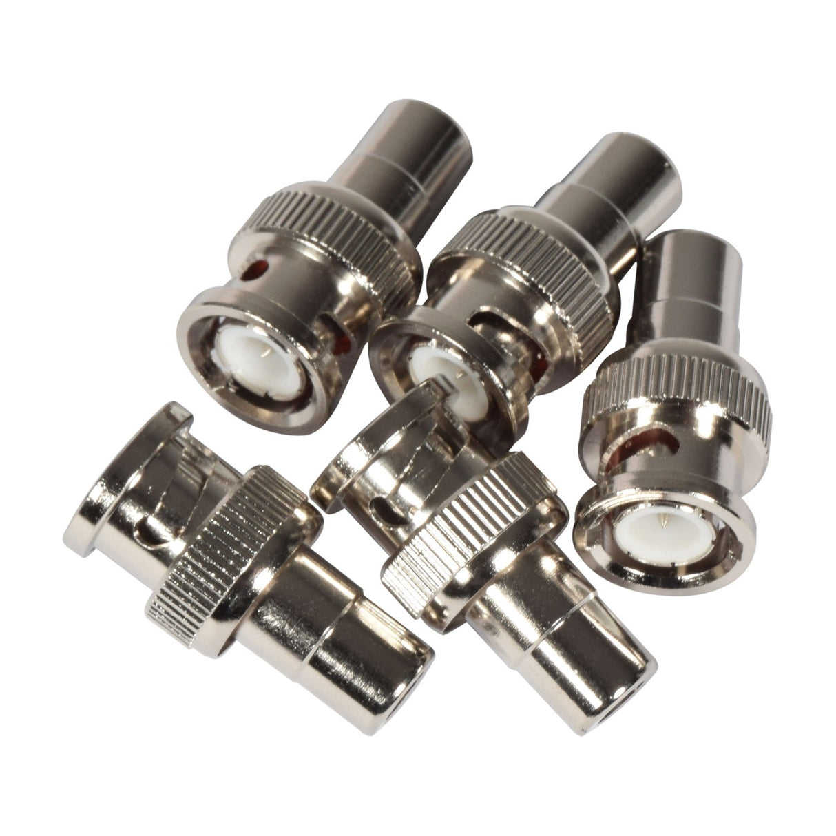 AV:Link BNC plug to RCA socket adapters by AVSL, six nickel-plated barrel connectors with knurled grips and bayonet BNC ends, shown on a white background.