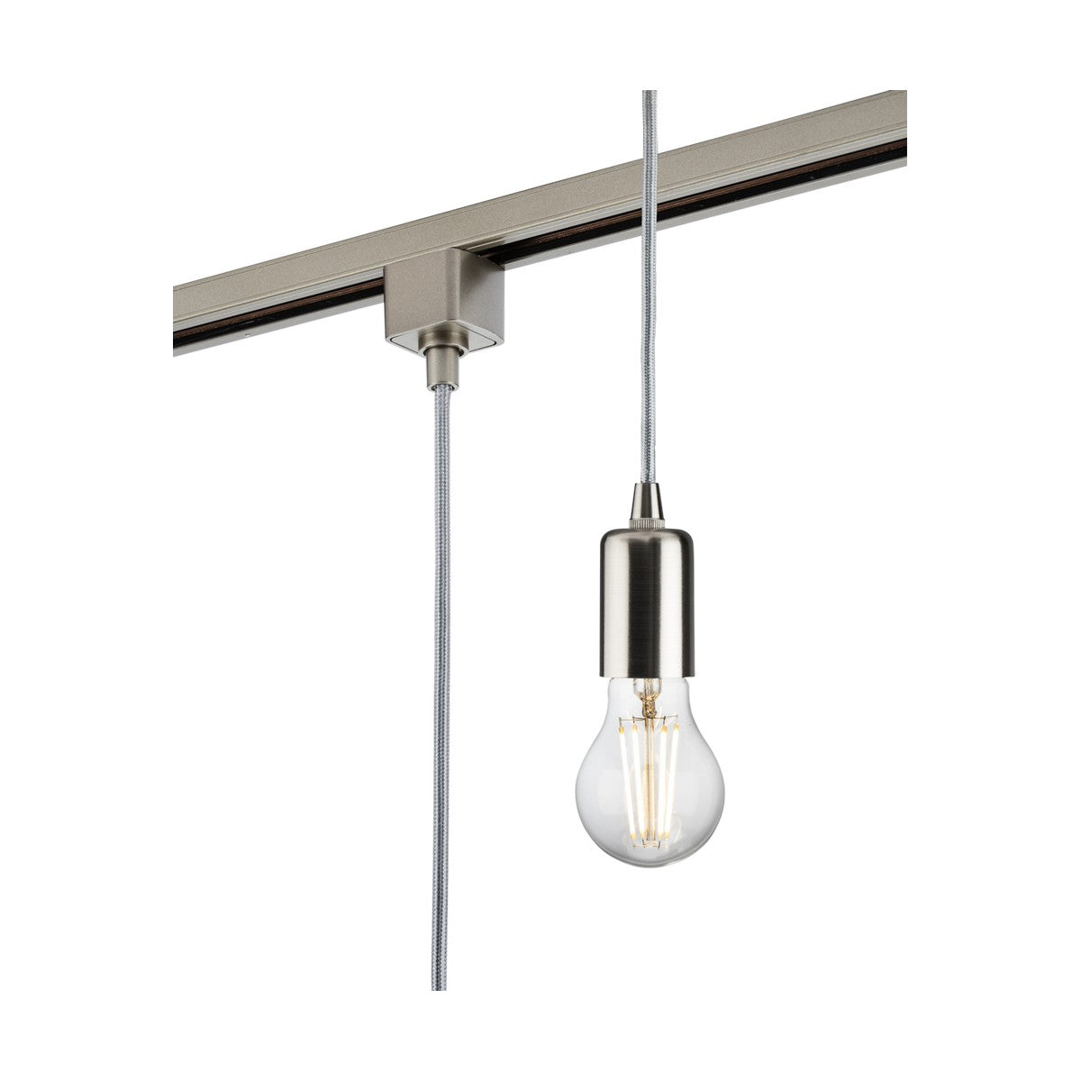 A contemporary track pendant from the 1.8M E27 series showcases a single clear bulb suspended by a cord, attached to a metallic track. The fixture is designed with sleek, minimalist aesthetics in brushed chrome.