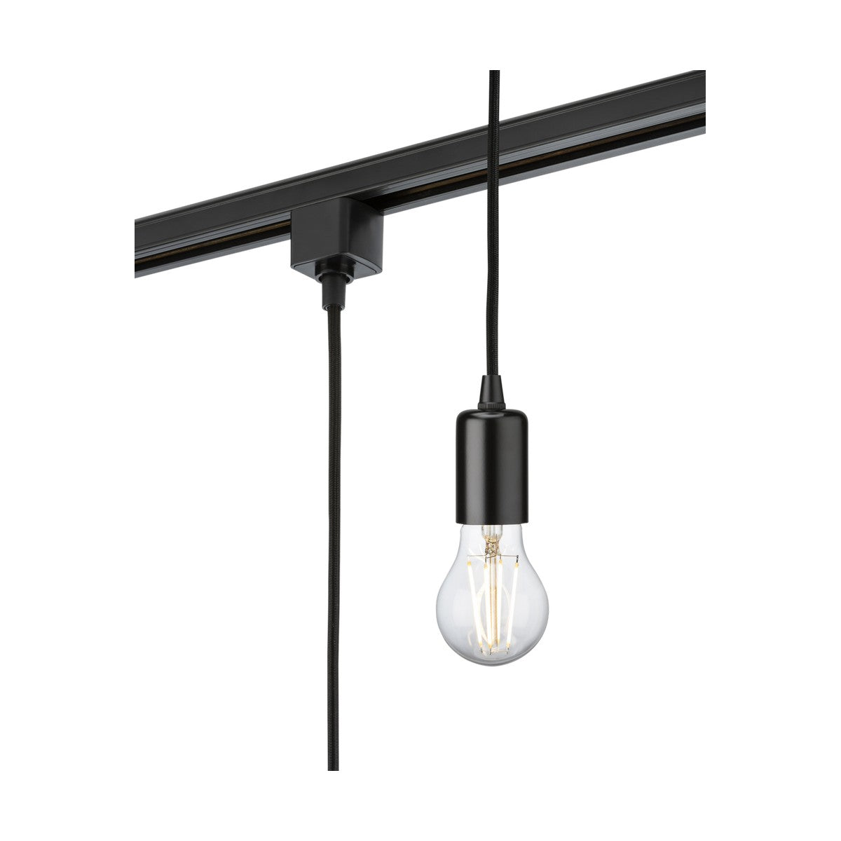 A 1.8M E27 Contemporary Track Pendant in black hangs from a TRKxx series ceiling track, featuring an exposed Edison bulb for a simple and modern design that highlights the bulb's filament.