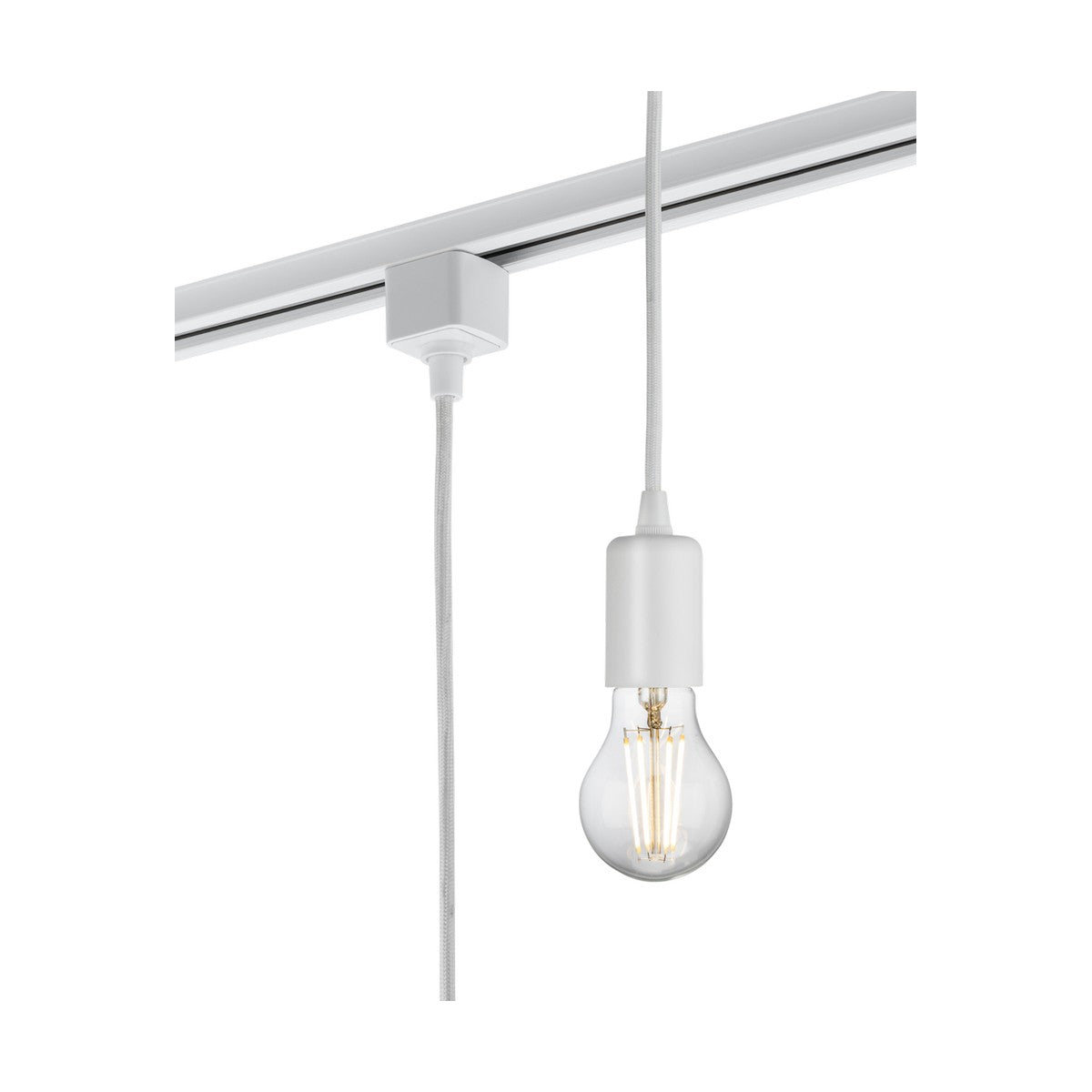 A single 1.8M E27 Contemporary Track Pendant in white hangs from a track light system with TRKxx series tracks. The bulb is illuminated, showcasing its filament design, and is suspended by a metal pendant lamp holder attached to a rectangular track mount.