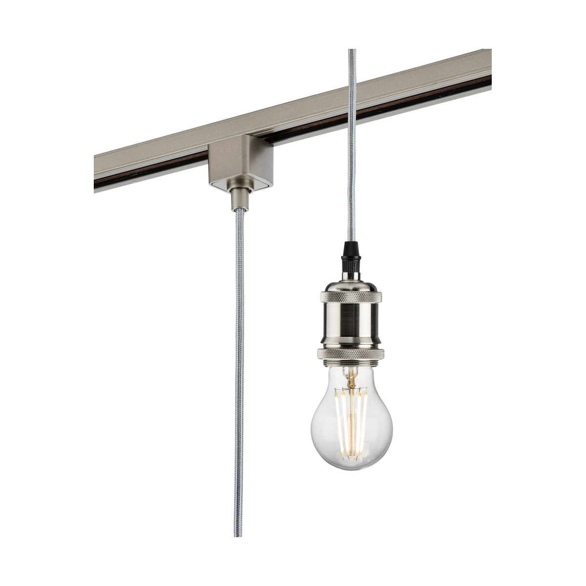 A vintage-style bulb is suspended from a brushed chrome pendant lamp holder with a fabric-covered cord, belonging to the 1.8M E27 Vintage Track Pendant series. The brushed nickel finish and die-cast aluminium construction offer an elegant contrast against a white background.