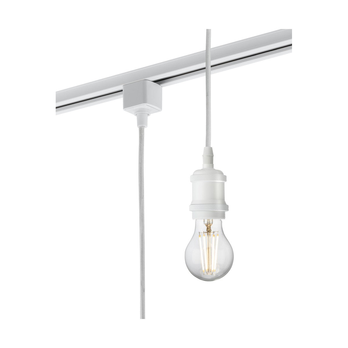 The 1.8M E27 Vintage Track Pendant - White features a single clear light bulb suspended from a white fixture by a cord, showcasing a vintage-style metal pendant design. The bulb, with its visible filament, hangs beneath the sleek TRKxx series tracks against a white background.