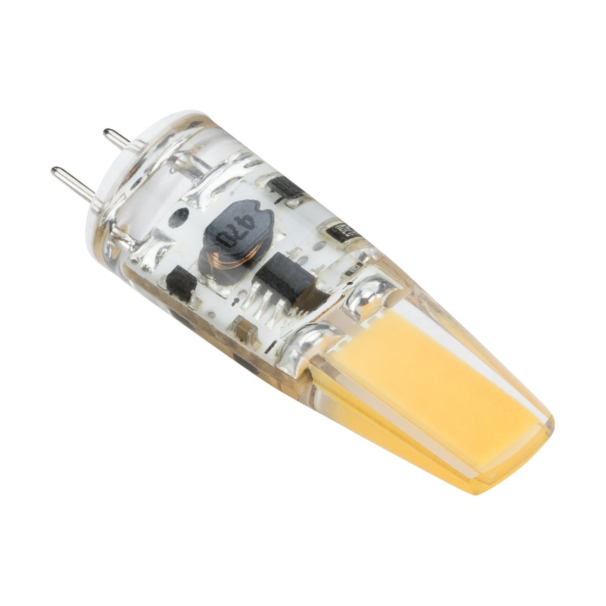 A detailed view of the 1.5W G4 COB LED Bulb - 2700K shows its cylindrical form and transparent casing. Within, tiny circuits and a yellow light-emitting area demonstrate the COB LED technology. The bulb features two metal pins at the base for connection, providing efficient illumination with its Warm White glow.