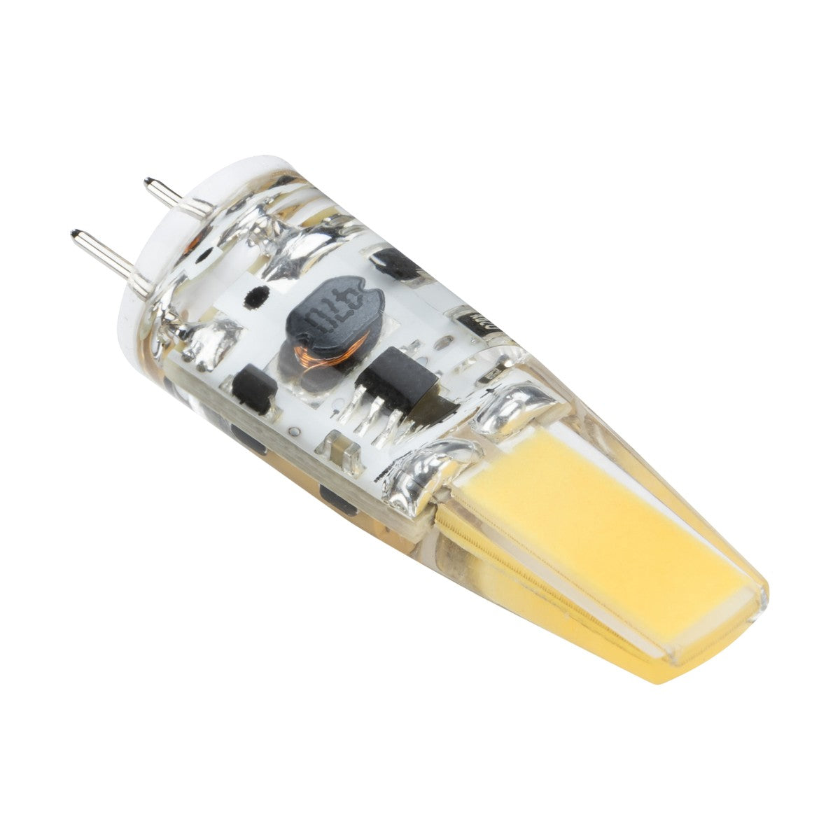 Close-up of the 1.5W G4 COB LED Bulb - 4000K, featuring COB LED technology, equipped with two metal prongs. The bulb's transparent casing reveals its internal components and emits a cool white light.