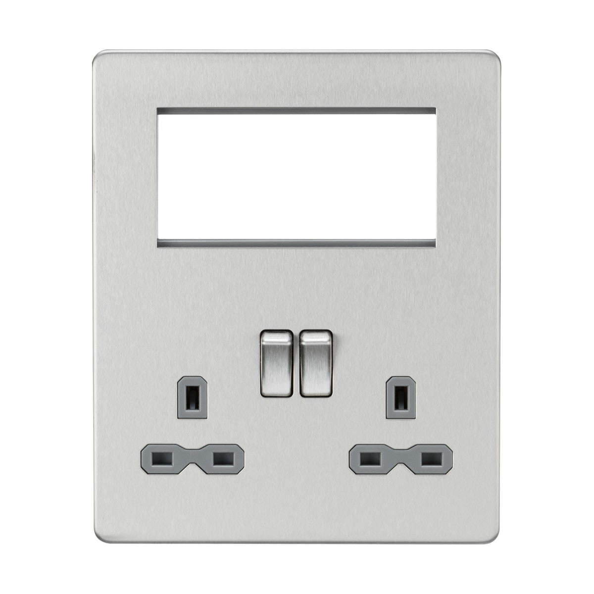 A brushed chrome Small Multimedia Combination Plate in a modern, symmetrical design features two switches, two three-pin sockets, and a top rectangular cutout for modular inserts.