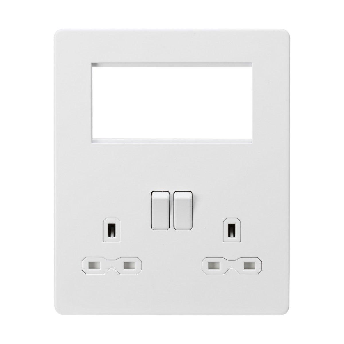 The Small Multimedia Combination Plate - Matt White (White Insert) features a sleek, screwless design with two 230V double pole switches and two electrical sockets. It also includes an empty rectangular space above these components for modular inserts.