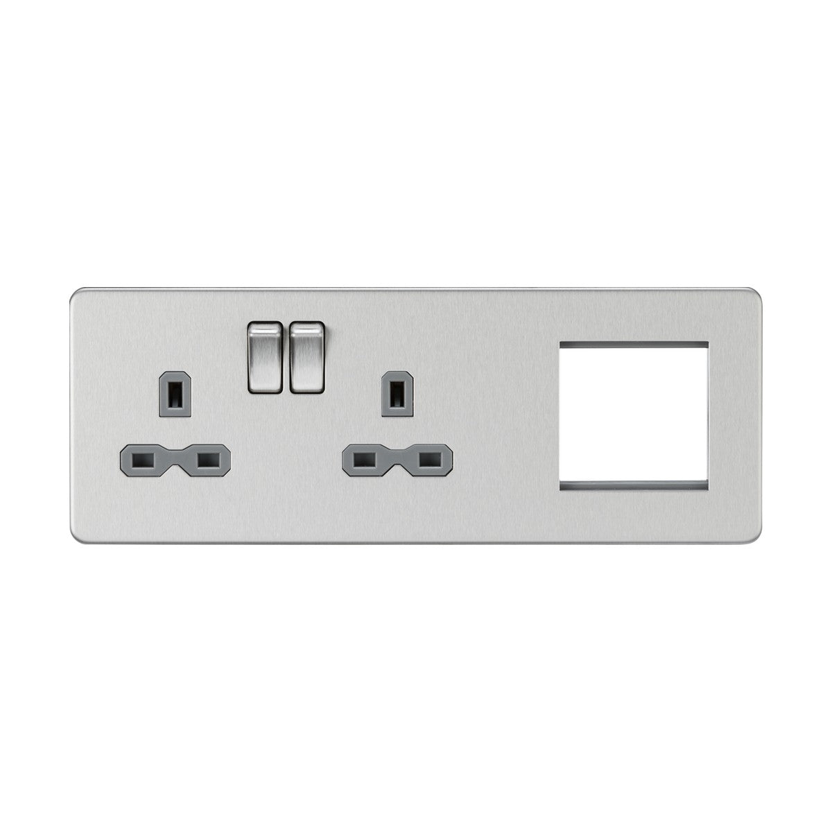 The 13A 2 Gang DP Socket + 2 Gang Modular Combi Plate in brushed chrome, featuring a grey insert, offers two switches and an empty USB port slot on the right. This screwless design showcases a modern and sleek aesthetic with a minimalist style, making it ideal for any contemporary space.