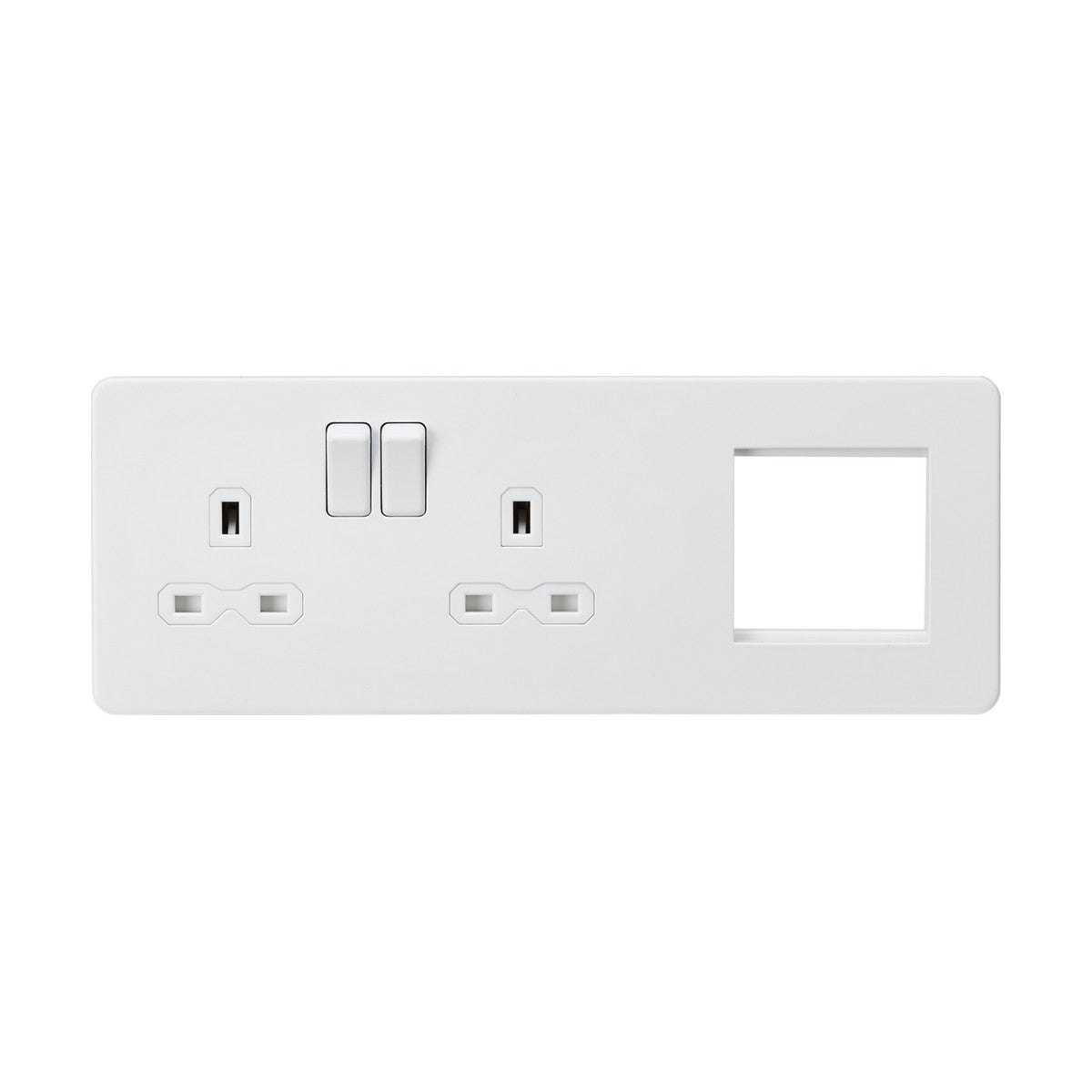 A white 13A 2 Gang DP Socket + 2 Gang Modular Combi Plate with UK-style socket openings, including switches and a slot for an extra component on the right, features a modern screwless design. This matt white plate offers a streamlined USB charging option.