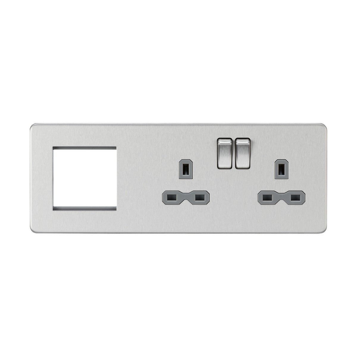 The 13A 2 Gang DP Socket + 2 Gang Modular Combination Plate in Brushed Chrome, featuring a grey insert, includes two power outlets and two switches on the right, alongside a rectangular blank space on the left suitable for adding a data port or USB charging module. Its modern brushed chrome finish can enhance any room's aesthetic appeal.