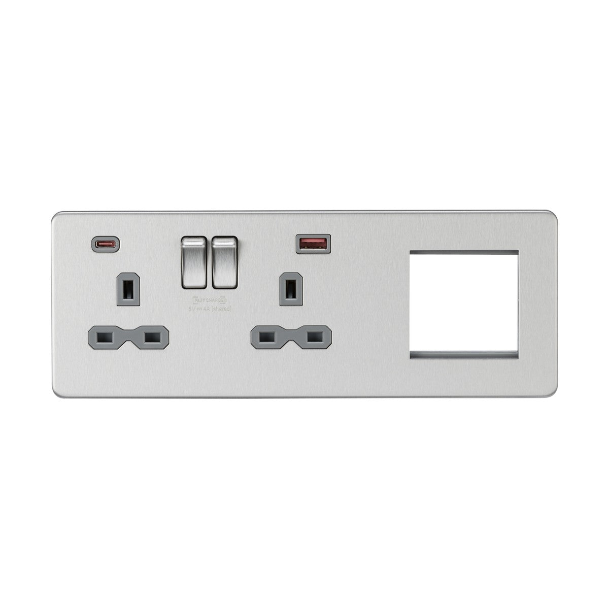 13A 2G DP Socket +2G Modular + Dual USB A+C 12V DC 1.5A (Max. 18W) - Brushed Chrome w/Grey Insert