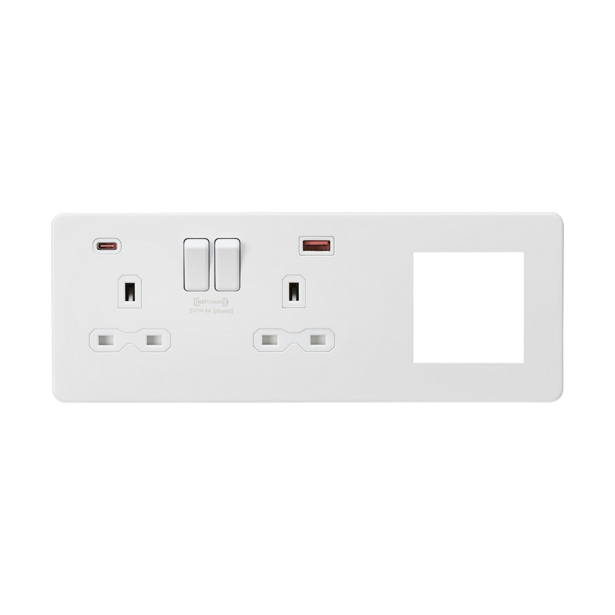 13A 2G DP Socket +2G Modular + Dual USB A+C 12V DC 1.5A (Max. 18W) - Matt White w/White Insert/