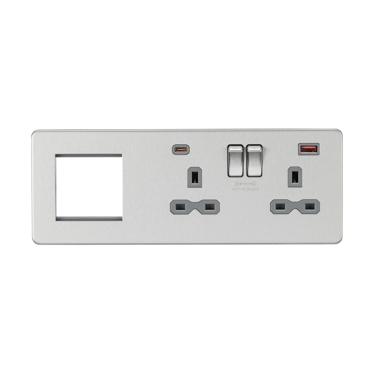13A 2G DP Socket +2G Modular + Dual USB A+C 12V DC 1.5A (Max. 18W) - Brushed Chrome w/Grey Insert