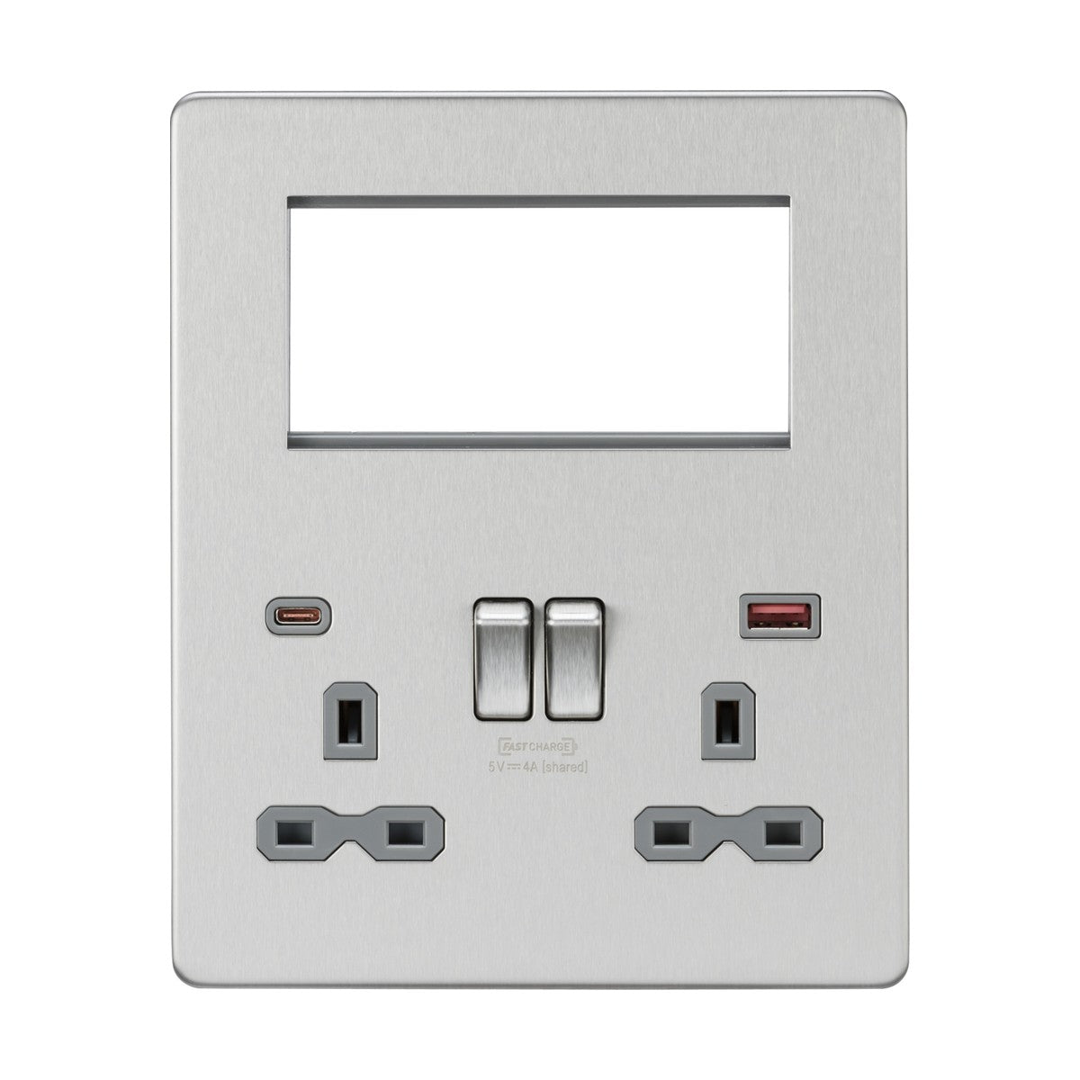 Small Multimedia Combo Plate + Dual USB A+C 12V DC 1.5A (Max. 18W) - Brushed Chrome w/Grey Insert
