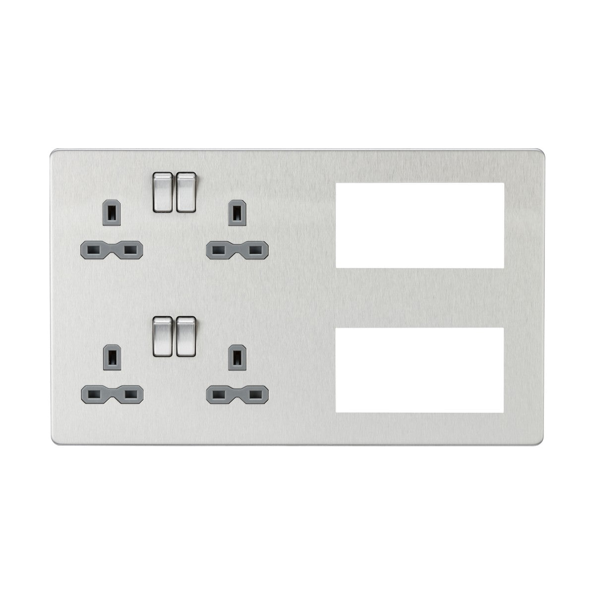 The Combination Plate - Brushed Chrome (Grey Insert) showcases a modern design with two sets of double power sockets on the left and two empty rectangular switch slots on the right. This sleek, minimalistic wall plate is part of a screwless multimedia combination plate series.