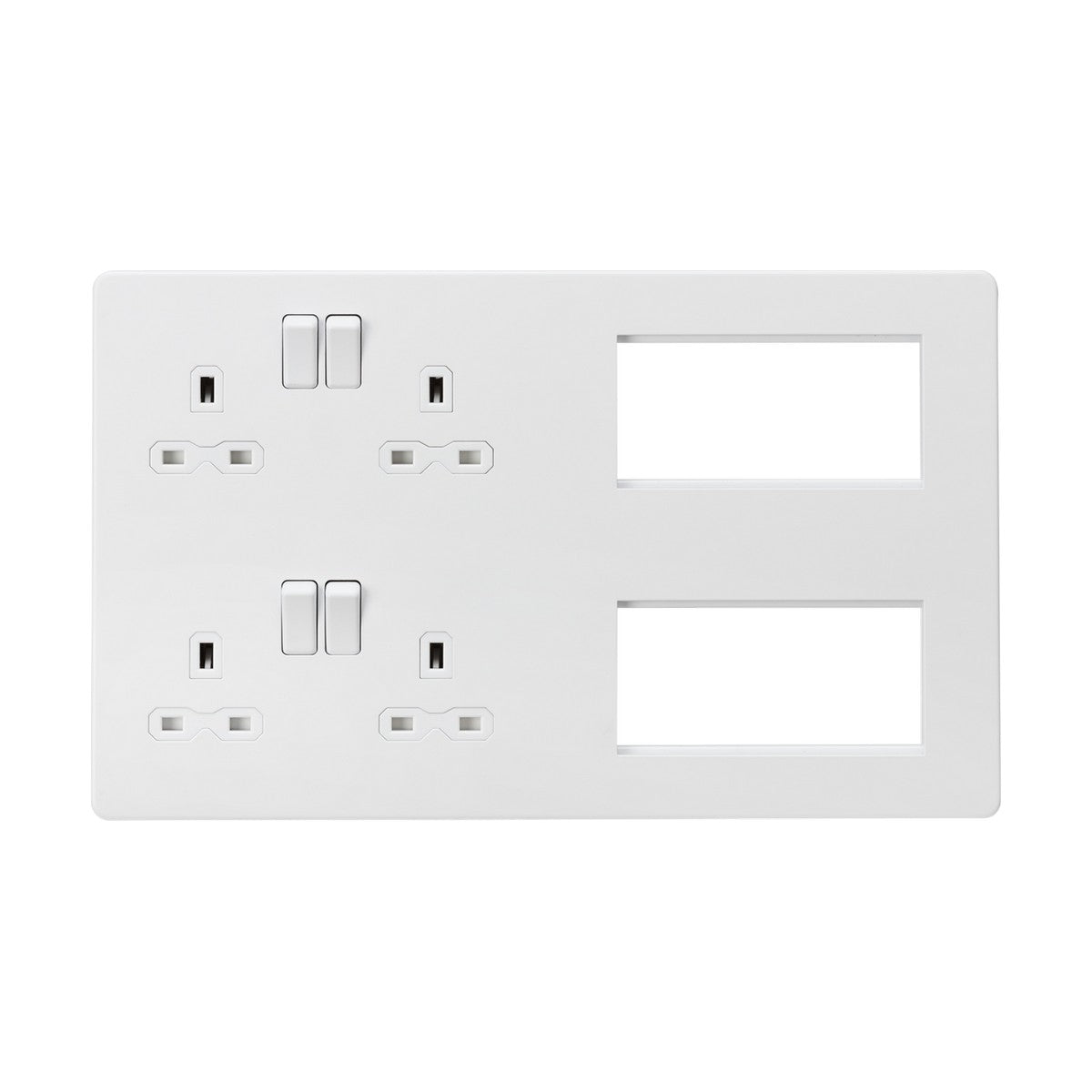A Combination Plate - Matt White (White Insert) featuring a screwless design includes two UK-style double sockets with switches on the left, as well as slots for modular inserts that can accommodate additional modules or outlets, such as USB charging ports.
