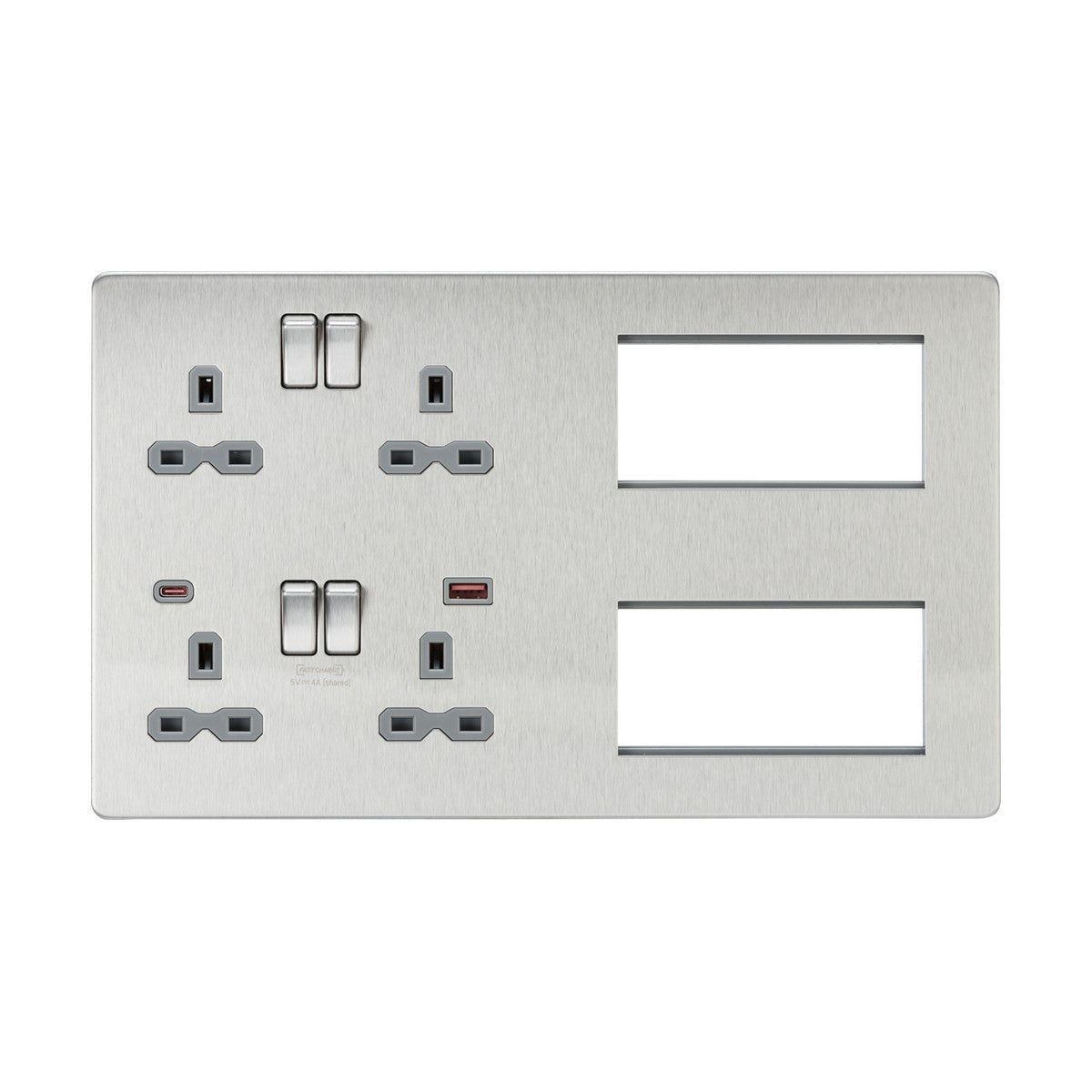 Multimedia Combo Plate + Dual USB A+C 12V DC 1.5A (Max. 18W) - Brushed Chrome w/Grey Insert
