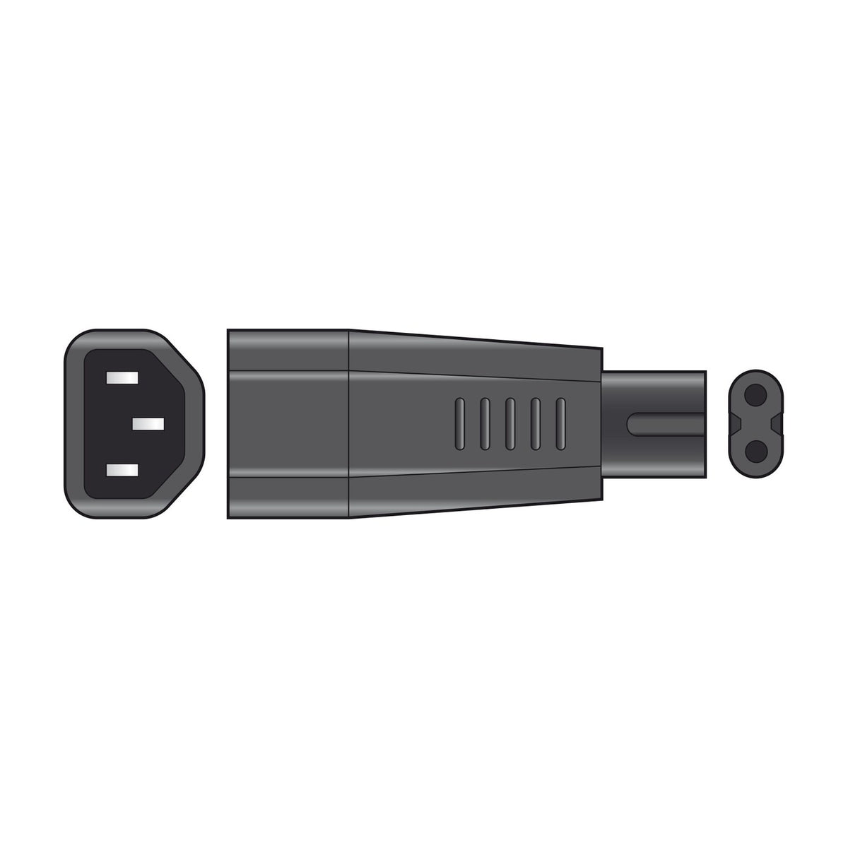 Mercury IEC C14 to C7 Fig.8 plug adaptor in dark grey moulded plastic, shown with C14 male end and C7 figure-8 socket end on a white background.