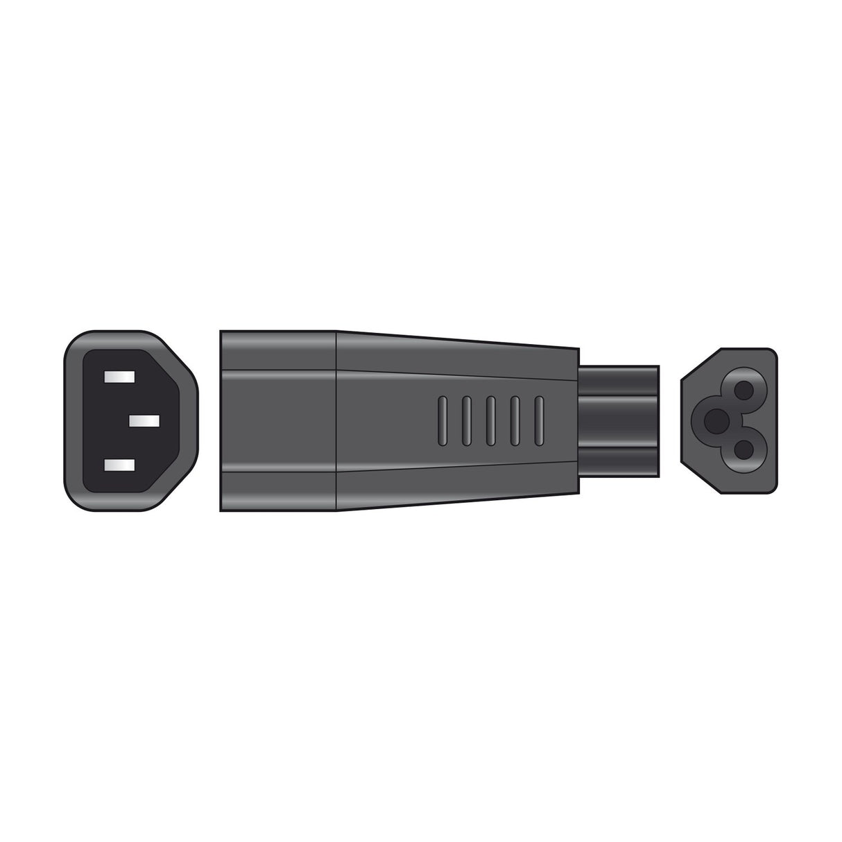 Mercury IEC C14 to C5 cloverleaf plug adaptor in grey plastic with side vents, shown on a plain white background, rated 250V 10A.