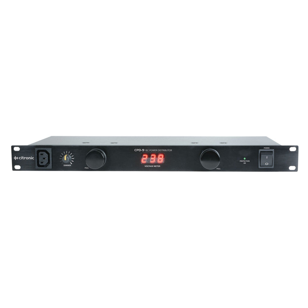 The Citronic CPD-9 19" 8 Way IEC Power Distributor is a black electronic device equipped with a digital voltage meter and various knobs and switches, designed for rack mounting. It features ventilation slots and displays the brand label on the left side.