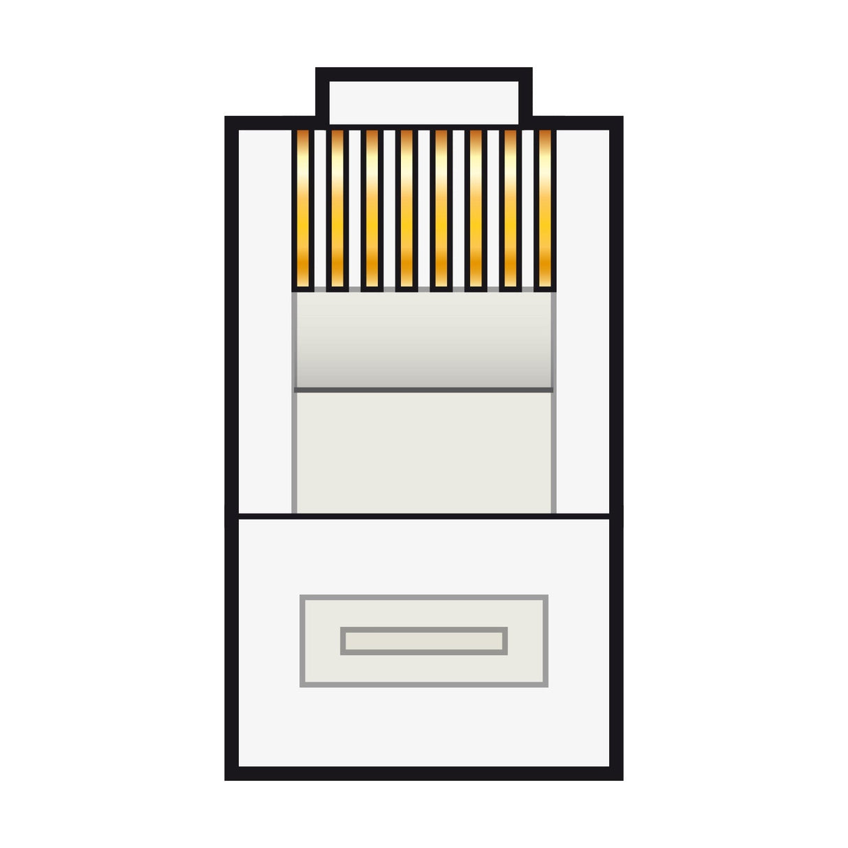 An illustration of a paper shredder with a rectangular base and a top section featuring vertical yellow and black stripes resembles the AV:Link Modular Plug RJ45 (8P8C) - Bulk. A handle is positioned at the top, similar to that plug, and it includes a paper feed slot and a drawer for shredded pieces.