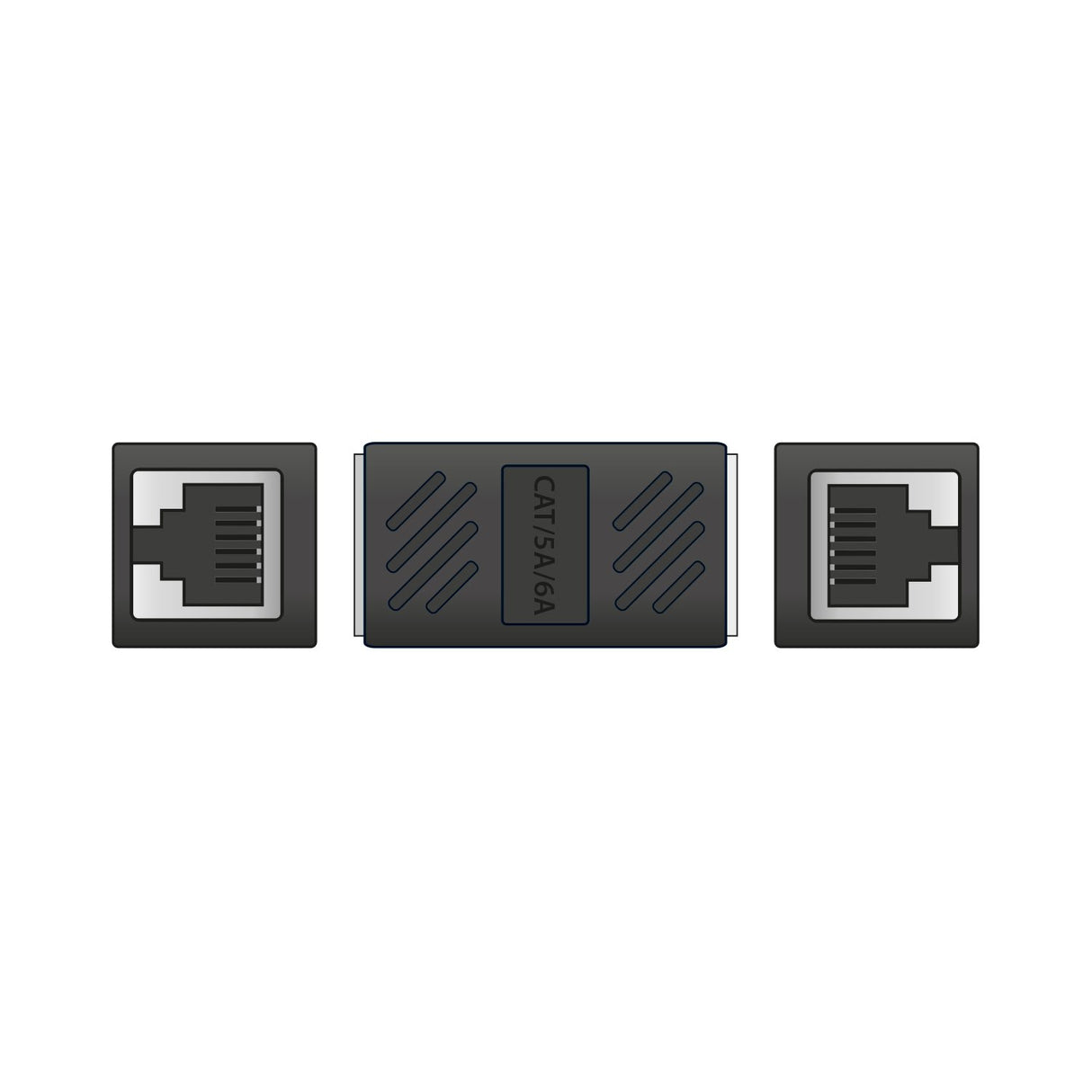 AV:Link Cat6 RJ45 inline coupler by AVSL, black female-to-female adapter shown with both 8P8C ports exposed, on a plain white background.