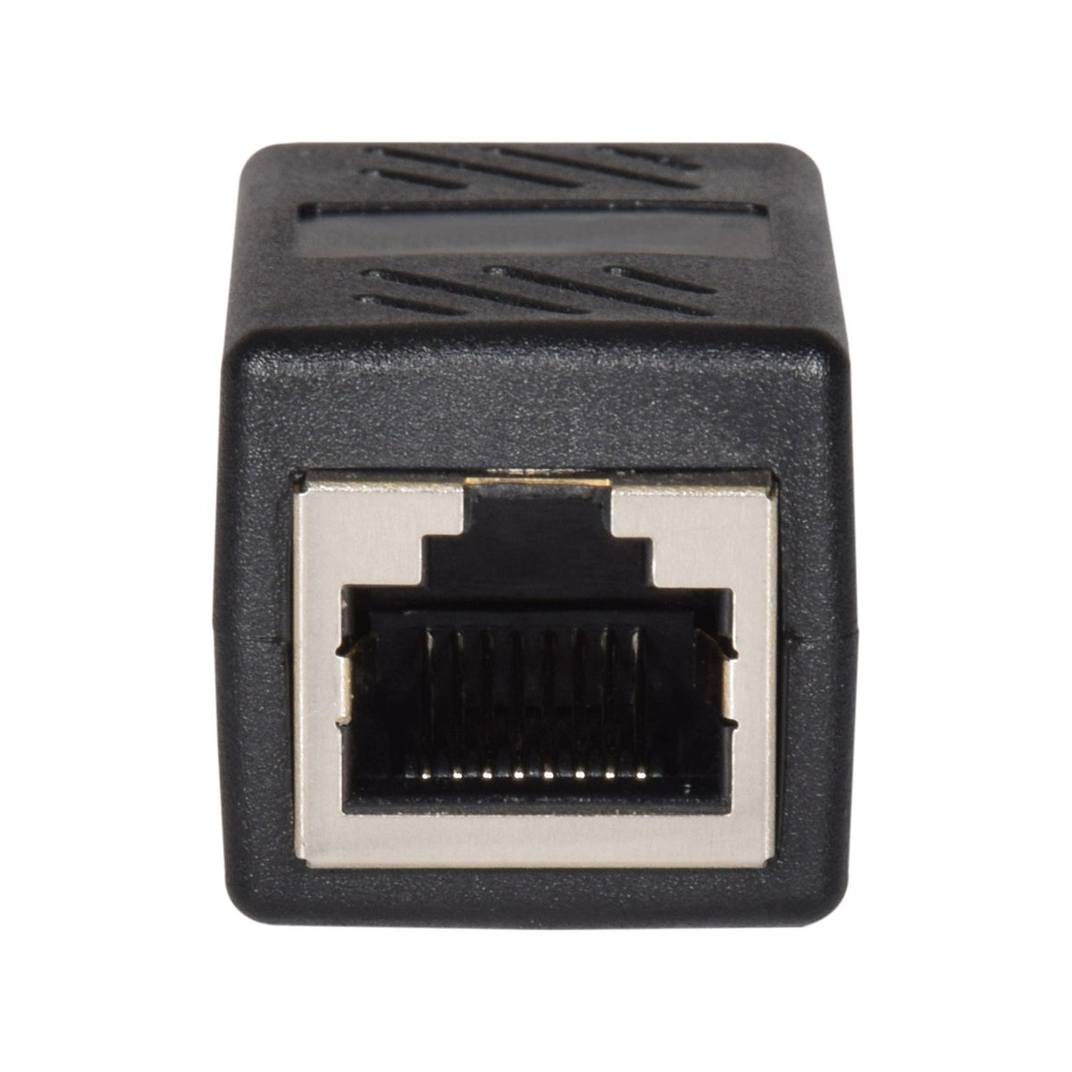 AV:Link Cat6 RJ45 inline coupler by AVSL, black plastic housing with nickel-plated female 8P8C port shown front-on against a plain white background.